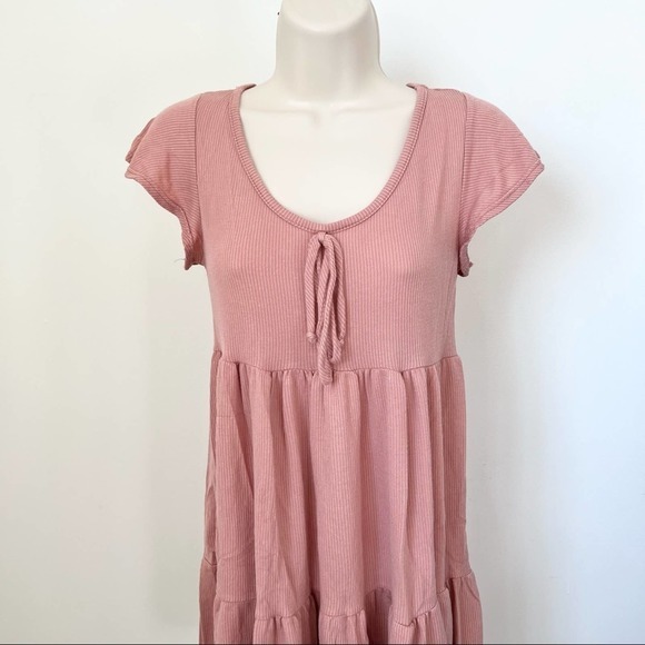 ribbed knit babydoll dress mauve pink‎ short sleeve flowy casual dress Size S - Picture 2 of 10